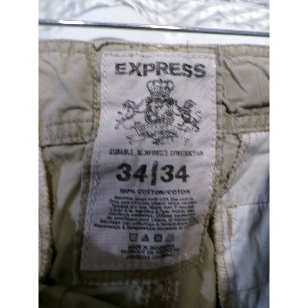 Express Men's Khaki Chino Pants 34x34 100% Cotton Beige Flat Front - Picture 3 of 4